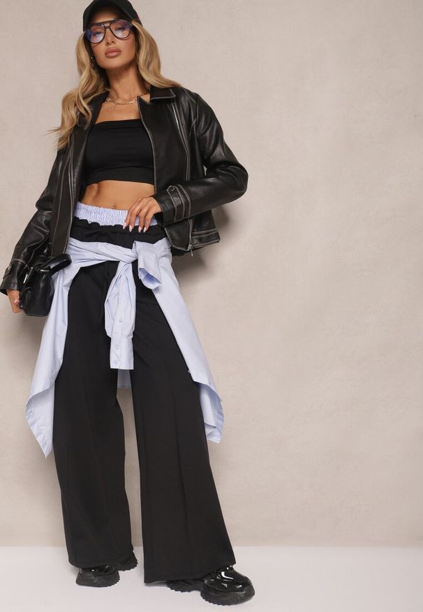 Renee - Czarna Kurtka Typu Ramoneska Zdobiona Kontrastowymi Przeszyciami i Nitami Adivona. Okazja: na co dzień. Kolor: czarny. Materiał: jeans. Wzór: aplikacja. Styl: rockowy, casual, elegancki