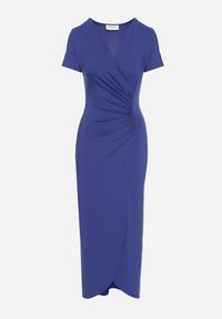 Born2be - Niebieska Dopasowana Sukienka z Wiskozą o Kopertowym Kroju z Marszczeniem Talisia. Okazja: na co dzień. Typ kołnierza: dekolt w kształcie V. Kolor: niebieski. Materiał: wiskoza. Długość rękawa: krótki rękaw. Typ sukienki: kopertowe. Styl: casual, elegancki #2