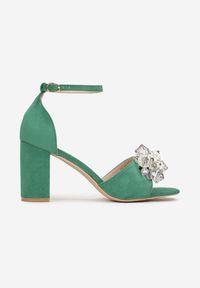 Renee - Zielone Sandały na Słupku z Imitacji Zamszu z Ozdobnym Paskiem z Kryształkami Millera. Zapięcie: pasek. Kolor: zielony. Materiał: zamsz. Obcas: na słupku #4