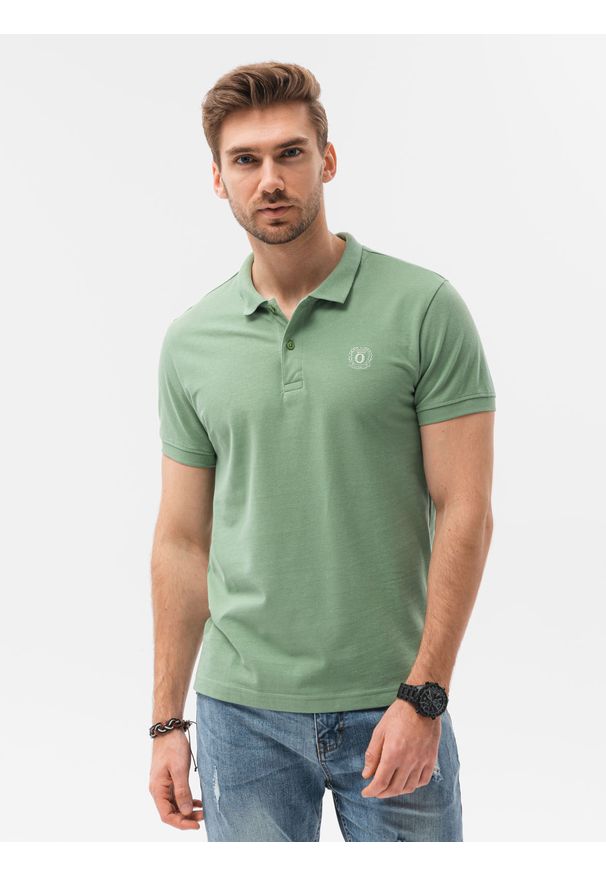 Ombre Clothing - Koszulka męska polo klasyczna bawełniana S1374 - zielona - XXL. Typ kołnierza: polo. Kolor: zielony. Materiał: bawełna. Wzór: haft. Styl: klasyczny