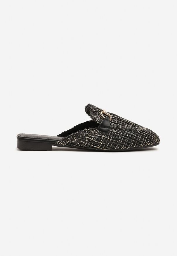 Born2be - Czarne Tweedowe Klapki Mule z Metaliczną Aplikacją Jolritia. Okazja: na co dzień. Kolor: czarny. Materiał: jeans, materiał. Wzór: aplikacja. Styl: klasyczny, casual