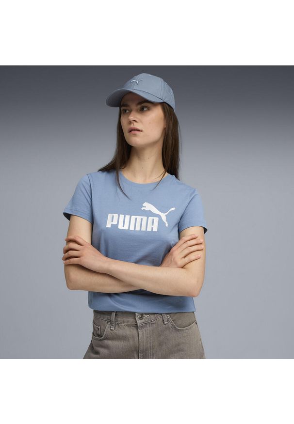 Puma - Damska koszulka z logo NO. 1 ESS METALLIC PUMA Cool Blue Metallic Silver. Kolor: niebieski. Wzór: nadruk. Sport: fitness