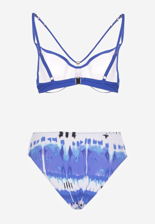 Renee - Niebieskie Bikini Majtki Figi i Biustonosz Push-Up Ozdobiony Paskami Wiobella. Kolor: niebieski. Wzór: aplikacja