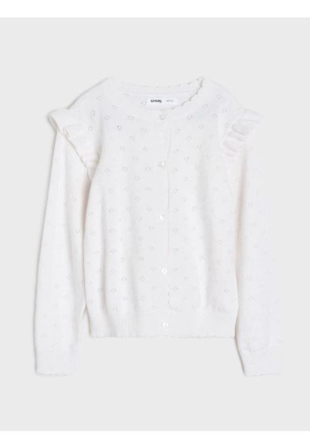 Sinsay - Ażurowy kardigan z ozdobnymi falbanami - biały. Kolor: biały. Wzór: ażurowy