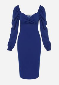 Born2be - Granatowa Sukienka Midi z Kopertową Górą i Bufiastymi Rękawami Ozdobiona Marszczeniami Azurma. Okazja: na co dzień. Kolor: niebieski. Wzór: aplikacja. Typ sukienki: kopertowe. Styl: casual. Długość: midi #2