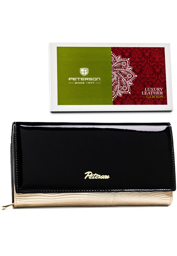 Portfel damski Peterson PTN LJ-42100 czarny. Kolor: czarny, wielokolorowy, złoty. Materiał: skóra