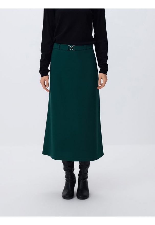 Reserved - Spódnica midi z paskiem - ciemnozielony. Kolor: zielony. Materiał: dzianina