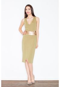 Figl - Oliwkowa Kobieca Sukienka Midi z Panelami z Eko-skóry. Kolor: oliwkowy. Materiał: skóra. Długość: midi #1