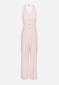 Born2be - Różowy Kombinezon na Szyję Ozdobiony Guzikami Ellidell. Okazja: na co dzień, na imprezę. Kolor: różowy. Długość: długie. Wzór: aplikacja. Styl: casual, klasyczny #6