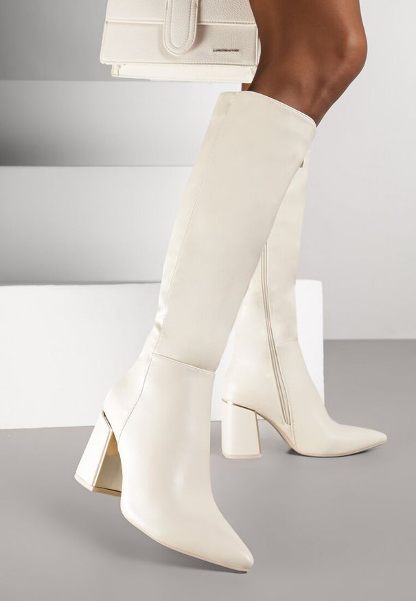 Renee - Beżowe Eleganckie Kozaki na Słupkowym Obcasie z Aplikacją i Noskiem w Szpic Noellame. Kolor: beżowy. Wzór: aplikacja. Obcas: na obcasie. Styl: elegancki. Wysokość obcasa: średni