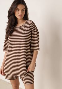 Born2be - Brązowy Letni Komplet Oversize z Wiskozy w Paski T-Shirt i Szorty Agathona. Kolor: brązowy. Materiał: wiskoza. Wzór: paski #1