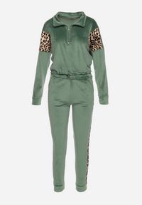 Born2be - Zielony Welurowy Komplet Dresowy Krótka Bluza i Spodnie z Wstawkami w Cętki Kilima. Kolor: zielony. Materiał: dresówka, welur. Wzór: aplikacja #2