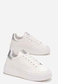 Born2be - Biało-Srebrne Sneakersy na Platformie Rilame. Nosek buta: okrągły. Zapięcie: sznurówki. Kolor: biały. Materiał: materiał. Obcas: na platformie. Wysokość obcasa: niski #4