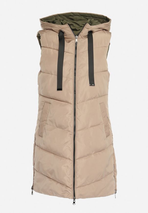 Born2be - Ciemnobeżowa Pikowana Kamizelka Dwustronna z Kapturem i Sznurkami Leorani. Okazja: na co dzień, na spacer. Typ kołnierza: kaptur. Kolor: beżowy. Materiał: jeans. Styl: sportowy, casual