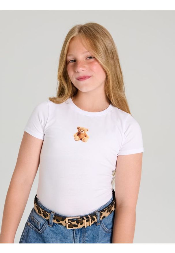 Sinsay - Bawełniana koszulka z nadrukiem - kremowy. Kolor: kremowy. Materiał: bawełna. Wzór: nadruk