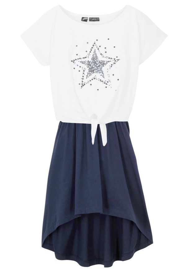 bonprix - T-shirt dziewczęcy + sukienka (2 części), bawełna organiczna. Kolor: niebieski. Materiał: bawełna. Wzór: napisy, aplikacja. Styl: elegancki. Długość: midi