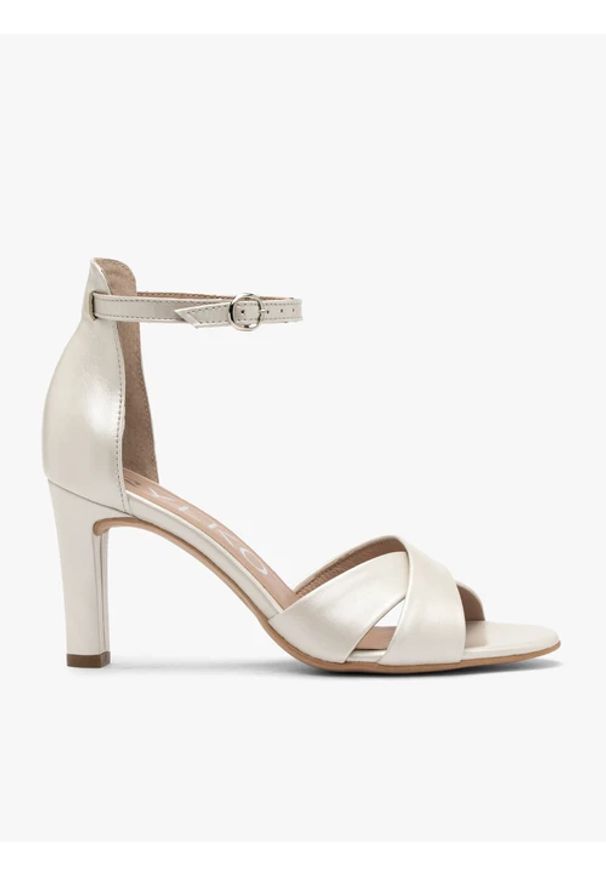 Ryłko - Perłowe sandały na grubej szpilce. Kolor: beżowy. Materiał: skóra. Obcas: na obcasie. Styl: street. Wysokość obcasa: średni