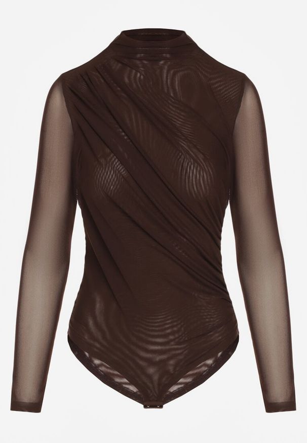 Renee - Brązowe Body Longsleeve ze Stójką z Siateczki z Domieszką Wiskozy Liravia. Okazja: na co dzień, na randkę. Typ kołnierza: kołnierzyk stójkowy. Kolor: brązowy. Materiał: wiskoza. Długość rękawa: długi rękaw. Styl: casual