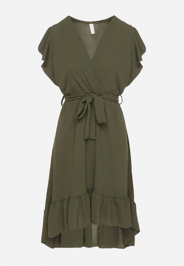 Born2be - Ciemnozielona Rozkloszowana Sukienka Ozdobiona Falbanką i Paskiem Natiellea. Okazja: na co dzień. Typ kołnierza: kołnierz z falbankami. Kolor: zielony. Wzór: aplikacja. Styl: casual