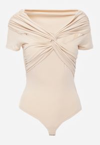 Renee - Beżowe Body z Ozdobnymi Rękawami i Hiszpańskim Dekoltem Joanlo. Kolor: beżowy. Materiał: jeans. Długość: krótkie #3