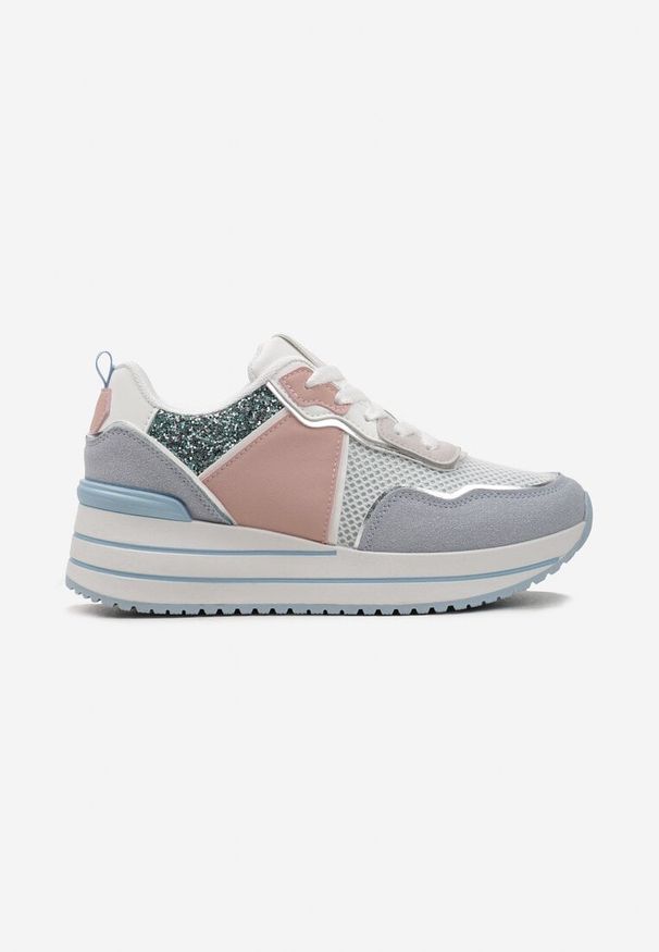 Born2be - Niebieskie Sneakersy na Grubej Podeszwie Ozdobione Brokatem Petasse. Okazja: na co dzień. Kolor: niebieski. Wzór: aplikacja