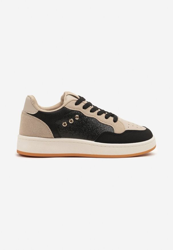 Renee - Czarno-Beżowe Streetwearowe Sneakersy Zdobione Przeszyciami Neonisea. Okazja: na co dzień. Kolor: czarny. Materiał: jeans, skóra. Wzór: aplikacja