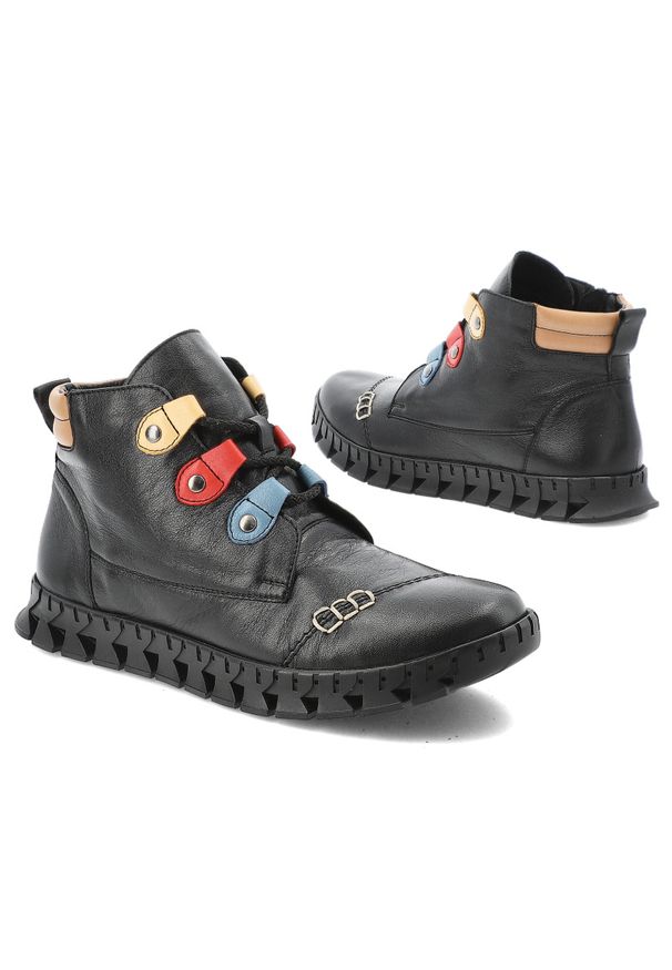 Czarne Botki Armodo Skórzane Buty Damskie. Kolor: czarny. Materiał: skóra. Wzór: kolorowy, geometria. Styl: klasyczny