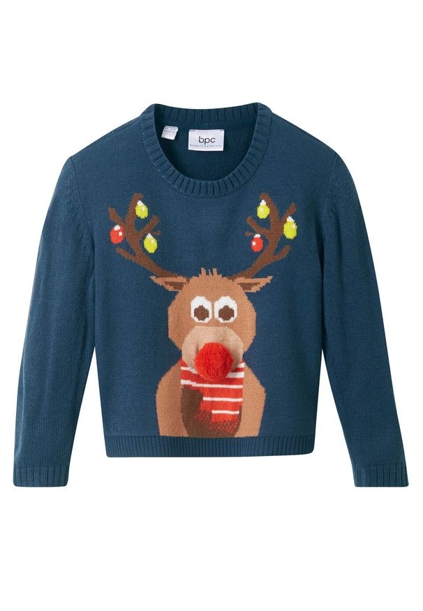 Sweter chłopięcy z bożonarodzeniowym motywem bonprix ciemnoniebieski. Kolor: niebieski. Materiał: materiał, akryl. Wzór: prążki, aplikacja. Styl: elegancki