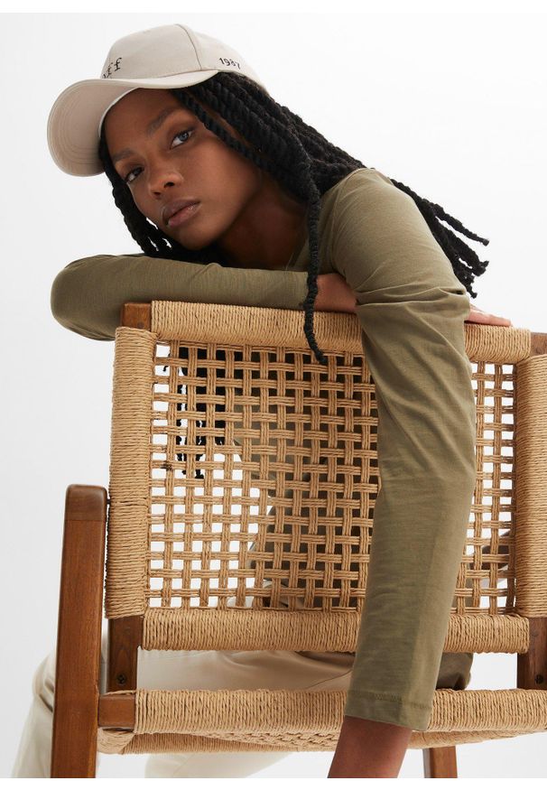 bonprix - Bawełniana bluzka z długim rękawem. Kolor: zielony. Materiał: bawełna. Długość rękawa: długi rękaw. Długość: długie