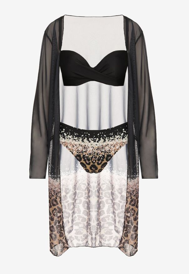 Born2be - Czarne Bikini Biustonosz i Majtki Figi z Dodatkową Narzutką w Panterkę Pasalitia. Kolor: czarny. Wzór: motyw zwierzęcy