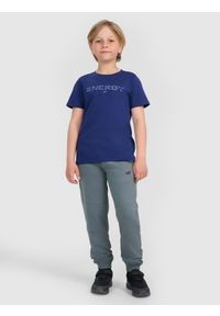 4f - 4F T-shirt regular z nadrukiem chłopięcy - granatowy 140 (9-10 lat). Okazja: na co dzień. Kolor: niebieski. Materiał: jersey, materiał, bawełna. Długość rękawa: krótki rękaw. Długość: krótkie. Wzór: nadruk. Sezon: lato. Styl: klasyczny, sportowy, casual