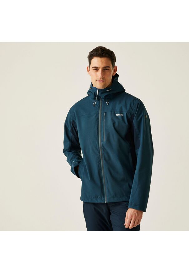 Regatta - Kurtka turystyczna przeciwdeszczowa męska Birchdale wodoodporna. Kolor: turkusowy, niebieski, wielokolorowy. Materiał: poliester, tkanina. Sport: turystyka piesza