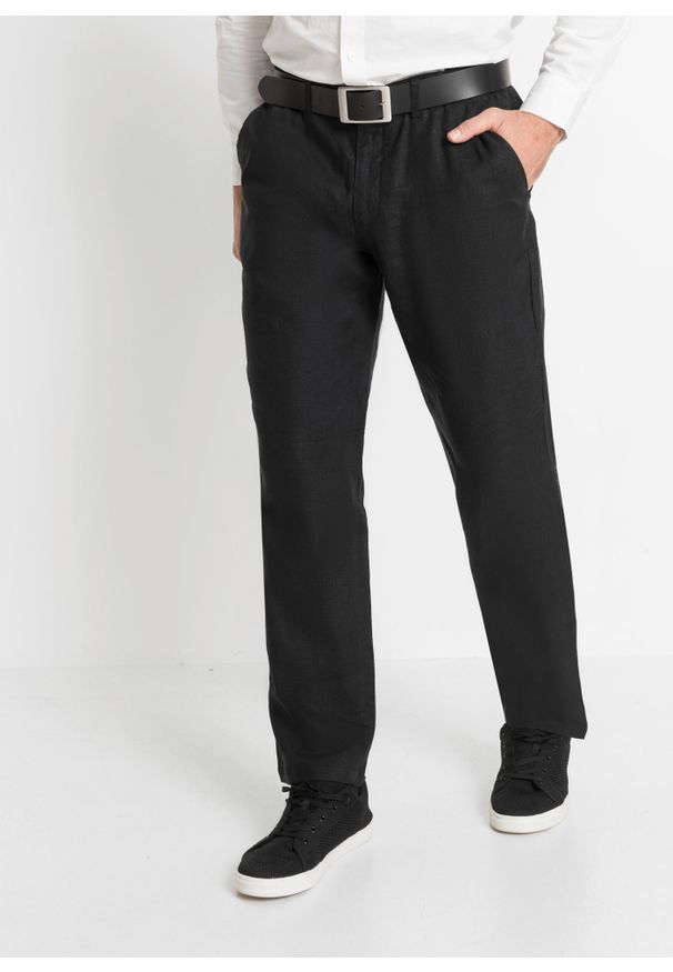 bonprix - Spodnie chino lniane Regular Fit Straight z wygodnym paskiem. Kolor: czarny. Materiał: len