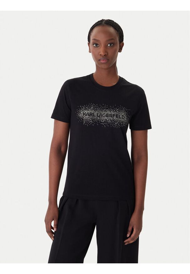 Karl Lagerfeld - KARL LAGERFELD T-Shirt B1W17030 Czarny Regular Fit. Typ kołnierza: dekolt w karo. Kolor: czarny. Materiał: bawełna