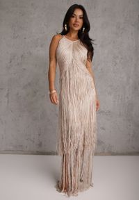 Renee - Beżowa Sukienka Wieczorowa na Ramiączkach z Ozdobnymi Frędzlami Glystarish. Kolor: beżowy. Długość rękawa: na ramiączkach. Styl: wizytowy. Długość: maxi #4