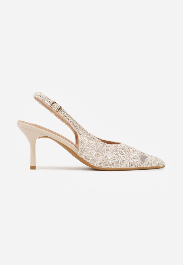 Renee - Beżowe Szpilki Slingback VICES z Siateczki Zdobione Haftem i Cekinami Eunoite. Nosek buta: szpiczasty. Zapięcie: pasek. Kolor: beżowy. Materiał: satyna. Wzór: aplikacja, haft. Obcas: na szpilce. Styl: elegancki, klasyczny