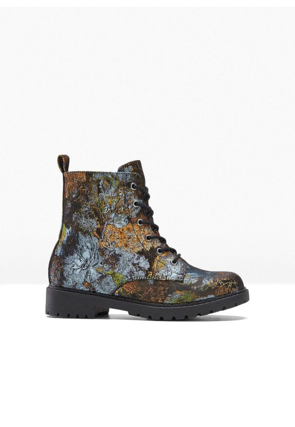 bonprix - Botki sznurowane ze wzrem w kwiaty. Kolor: zielony. Wzór: kwiaty. Sezon: jesień
