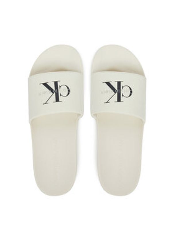 Calvin Klein Jeans Klapki Slide Monologo Cv YM0YM01367 Biały. Kolor: biały. Materiał: materiał