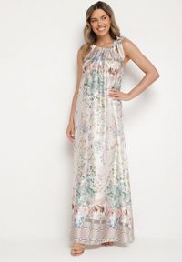 Born2be - Biała Satynowa Sukienka w Kwiaty z Ozdobnym Wiązaniem Fenasella. Okazja: na co dzień. Kolor: biały. Materiał: satyna. Wzór: kwiaty. Typ sukienki: proste. Styl: wizytowy, klasyczny, casual, elegancki #1