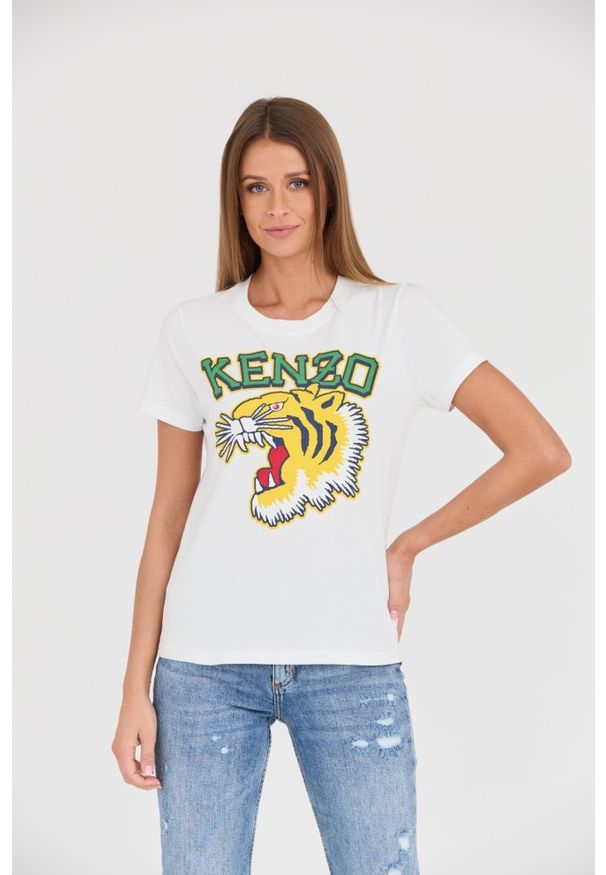 Kenzo - KENZO Biały damski t-shirt Tiger Varsity crewneck, Rozmiar S. Kolor: biały