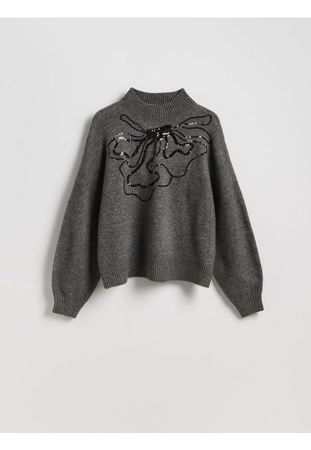 Reserved - Sweter z cekinowym wzorem - szary. Kolor: szary. Materiał: dzianina