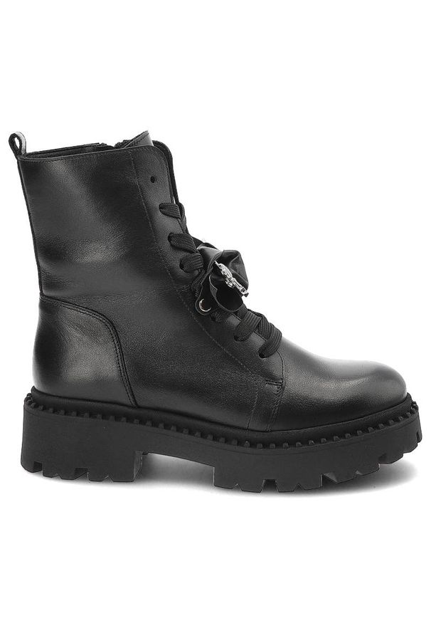 Czarne Botki Karino Skórzane Eleganckie Buty Damskie. Kolor: czarny. Materiał: skóra. Szerokość cholewki: normalna. Wzór: aplikacja. Styl: elegancki