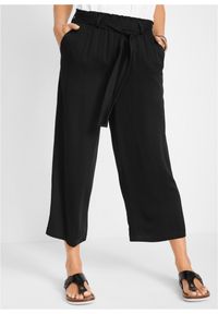 bonprix - Spodnie culotte z lejącej wiskozy z wiązanym paskiem. Kolor: czarny. Materiał: wiskoza