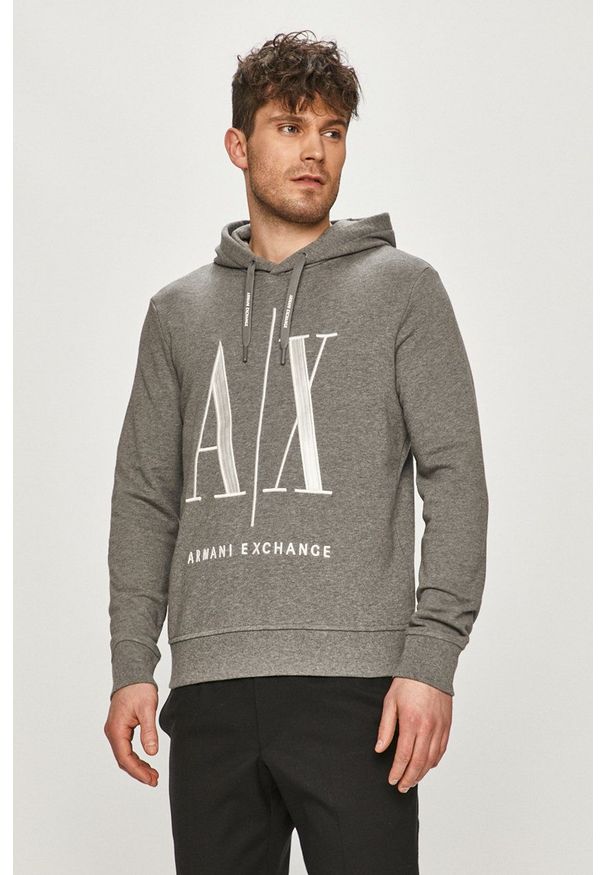 Armani Exchange - Bluza. Okazja: na co dzień. Typ kołnierza: kaptur. Kolor: szary. Materiał: dzianina. Wzór: nadruk. Styl: casual