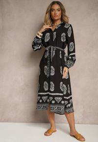Renee - Czarna Sukienka Koszulowa Wiązana w Pasie w Stylu Boho Rorisha. Kolor: czarny. Materiał: tkanina. Typ sukienki: koszulowe. Styl: boho #5