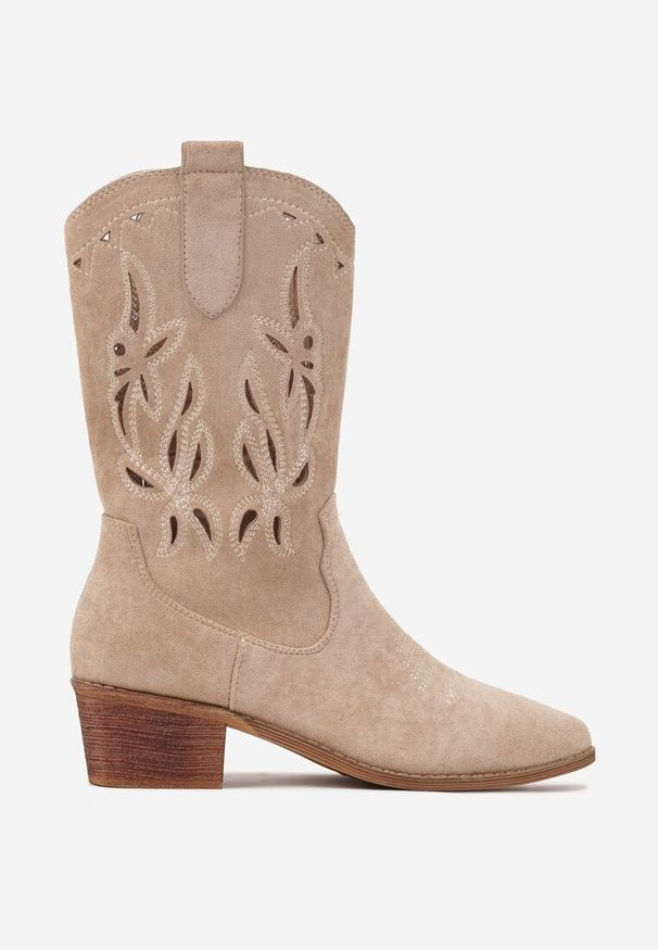 Born2be - Beżowe Ażurowe Botki Vices na Obcasie w Stylu Kowbojek Helori. Kolor: beżowy. Materiał: jeans. Wzór: ażurowy. Obcas: na obcasie. Styl: boho, klasyczny. Wysokość obcasa: średni
