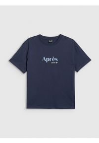 4f - 4F T-shirt boxy z nadrukiem damski - granatowy S. Okazja: na co dzień. Kolor: niebieski. Materiał: dzianina, bawełna, materiał. Wzór: nadruk. Styl: casual