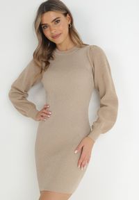 Born2be - Beżowa Sukienka Dzianinowa z Bufiastym Rękawem Janoah. Okazja: na co dzień, na randkę. Kolor: beżowy. Materiał: dzianina. Wzór: jednolity. Typ sukienki: dopasowane. Styl: klasyczny, casual. Długość: mini #6