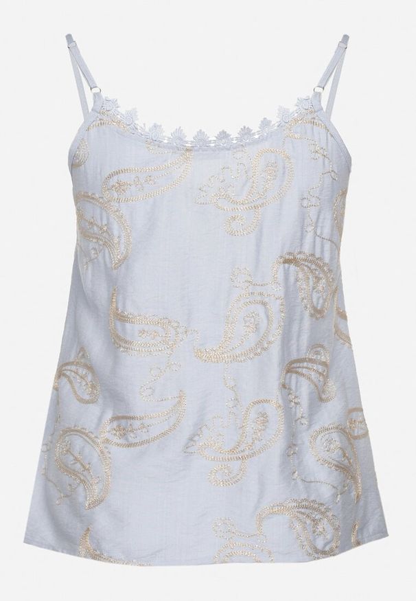 Born2be - Jasnoniebieski Top na Cienkich Ramiączkach z Haftem i Metaliczną Nicią Palinoria. Okazja: na co dzień, na spacer. Kolor: niebieski. Materiał: jeans. Długość rękawa: na ramiączkach. Wzór: haft. Styl: klasyczny, elegancki, casual