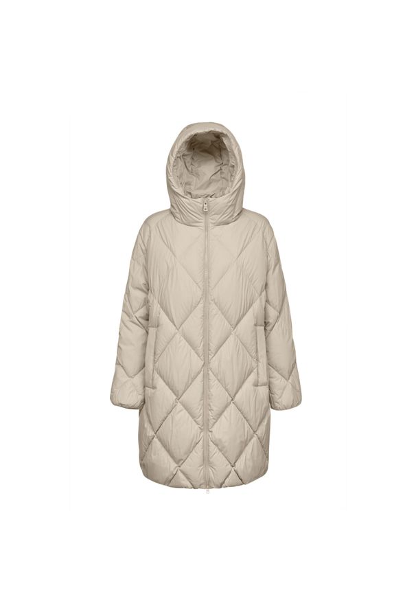 Damska długa kurtka z kapturem Geox Tahina. Typ kołnierza: kaptur. Kolor: biały, beżowy, wielokolorowy. Materiał: puch. Długość: długie